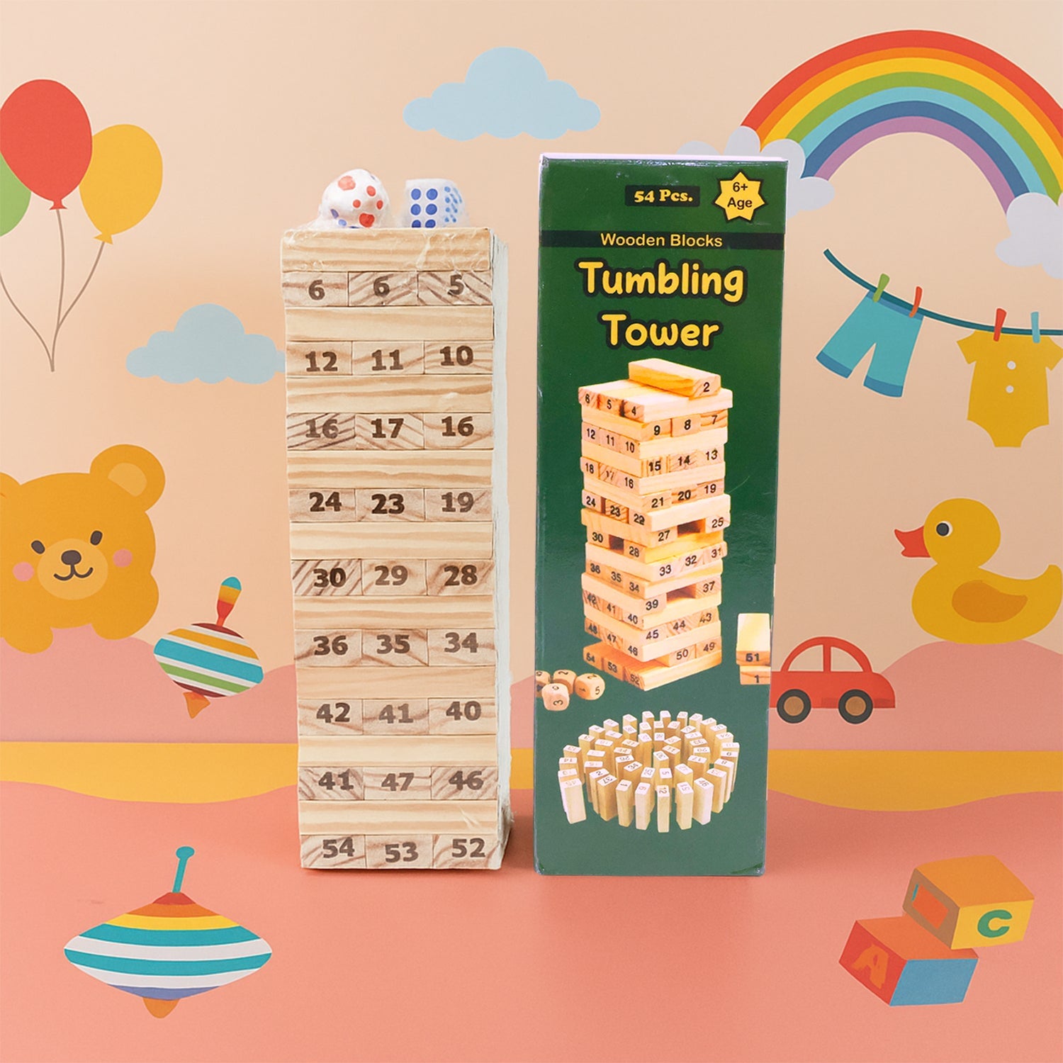 Stacked wooden blocks ready for play in Tumbling Tower game