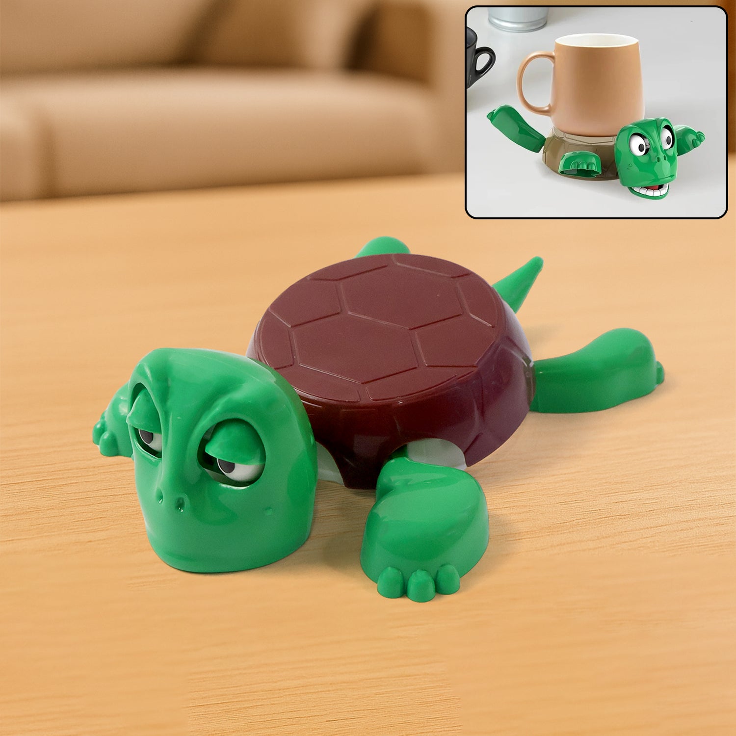 Cute turtle cup coaster in plastic with a cartoon design on a table