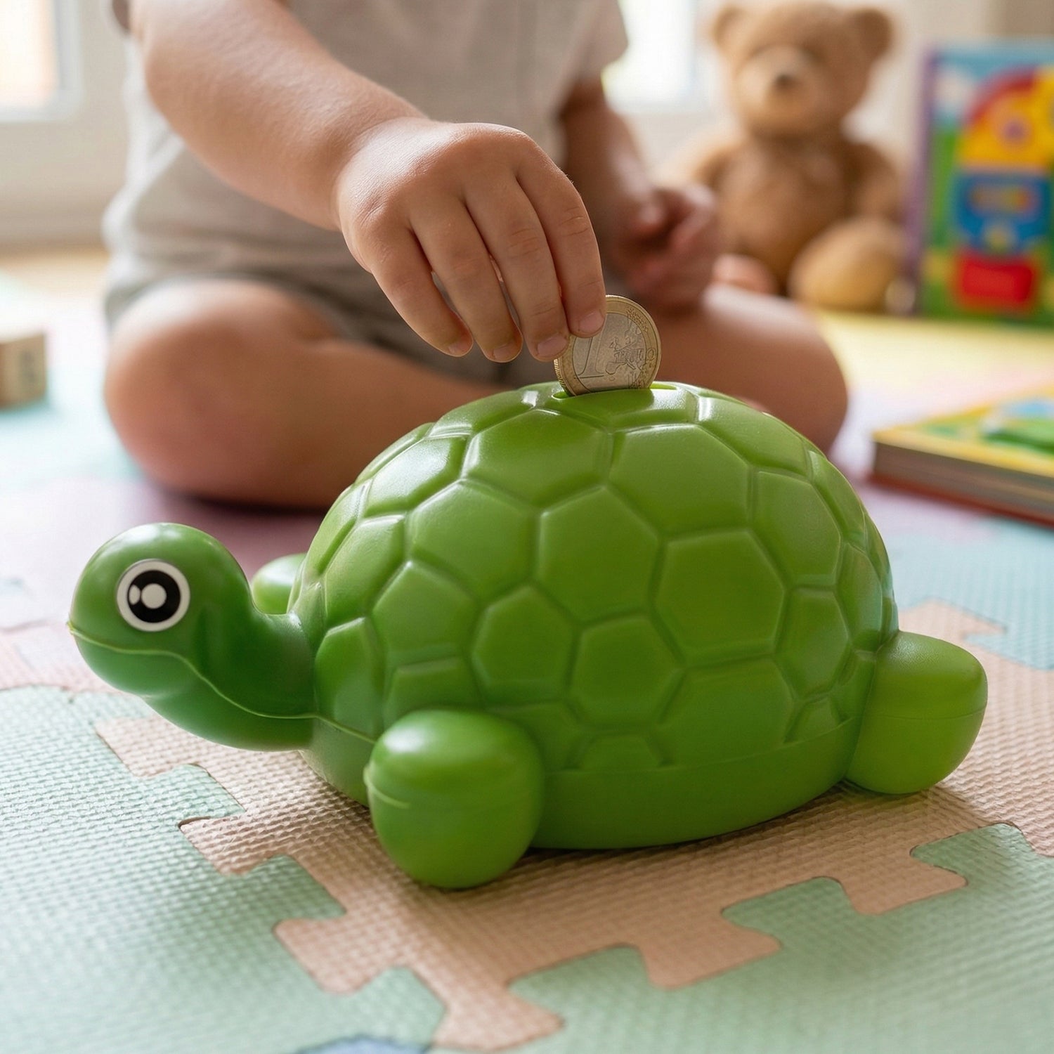 Tortoise piggy bank with coins inside