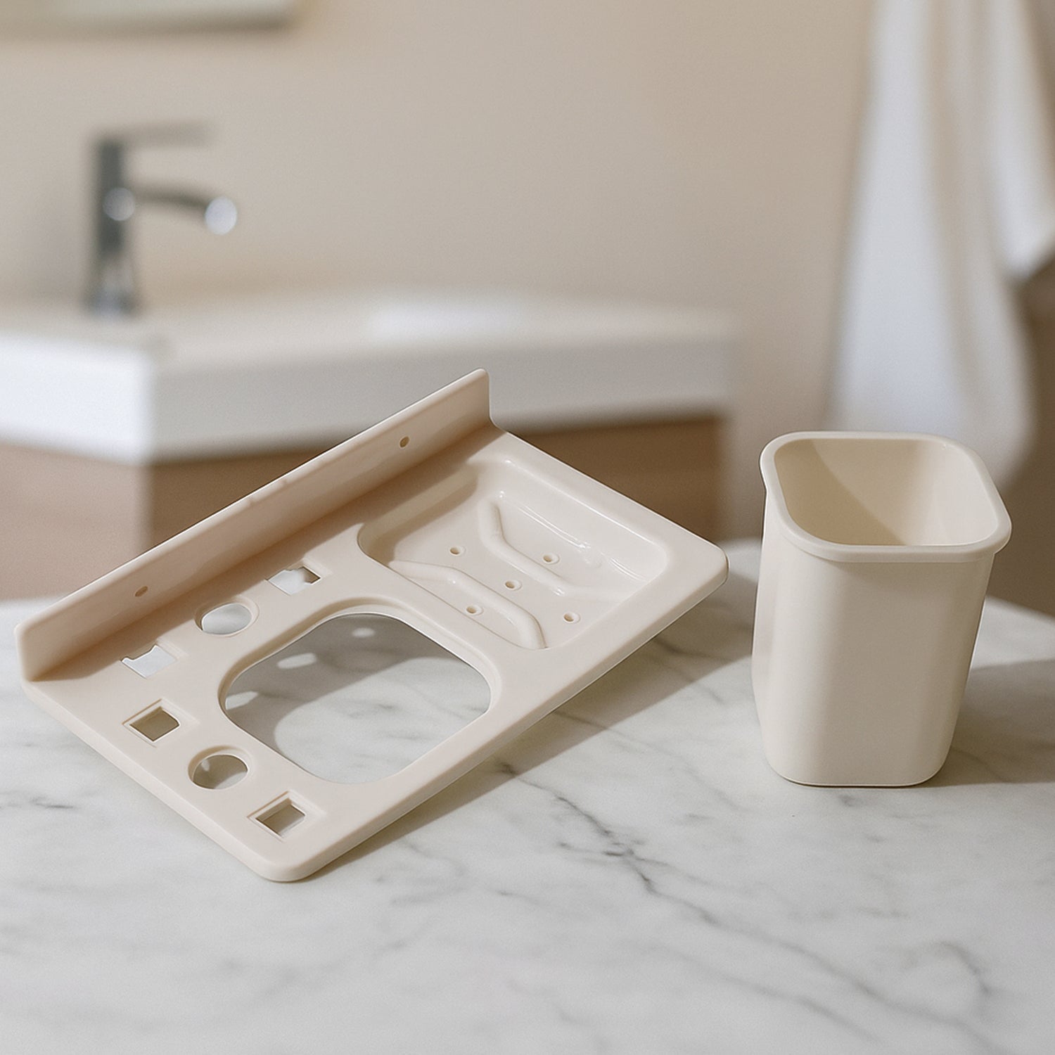 Detachable cup removed from wall mounted toothbrush holder showcasing easy cleaning.