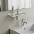 Frontal view of the multi-utility bathroom organizer showing all compartments.