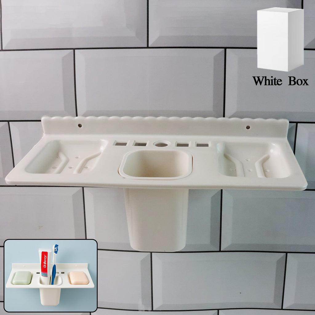 White 4-in-1 wall-mounted bathroom organizer with soap dishes and toothbrush holder.