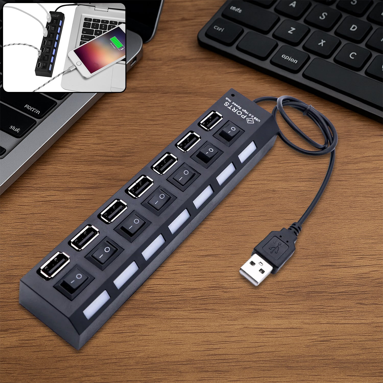 Compshop 7 Port USB Hub with individual power switches and LED indicators.