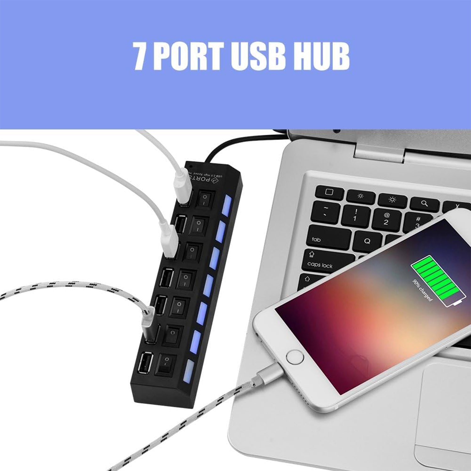 Detail of the individual on/off switches for each port on the USB splitter.