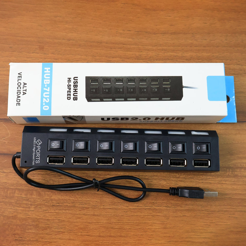 The versatile 7 Port USB Hub, perfect for multiple computer accessories.