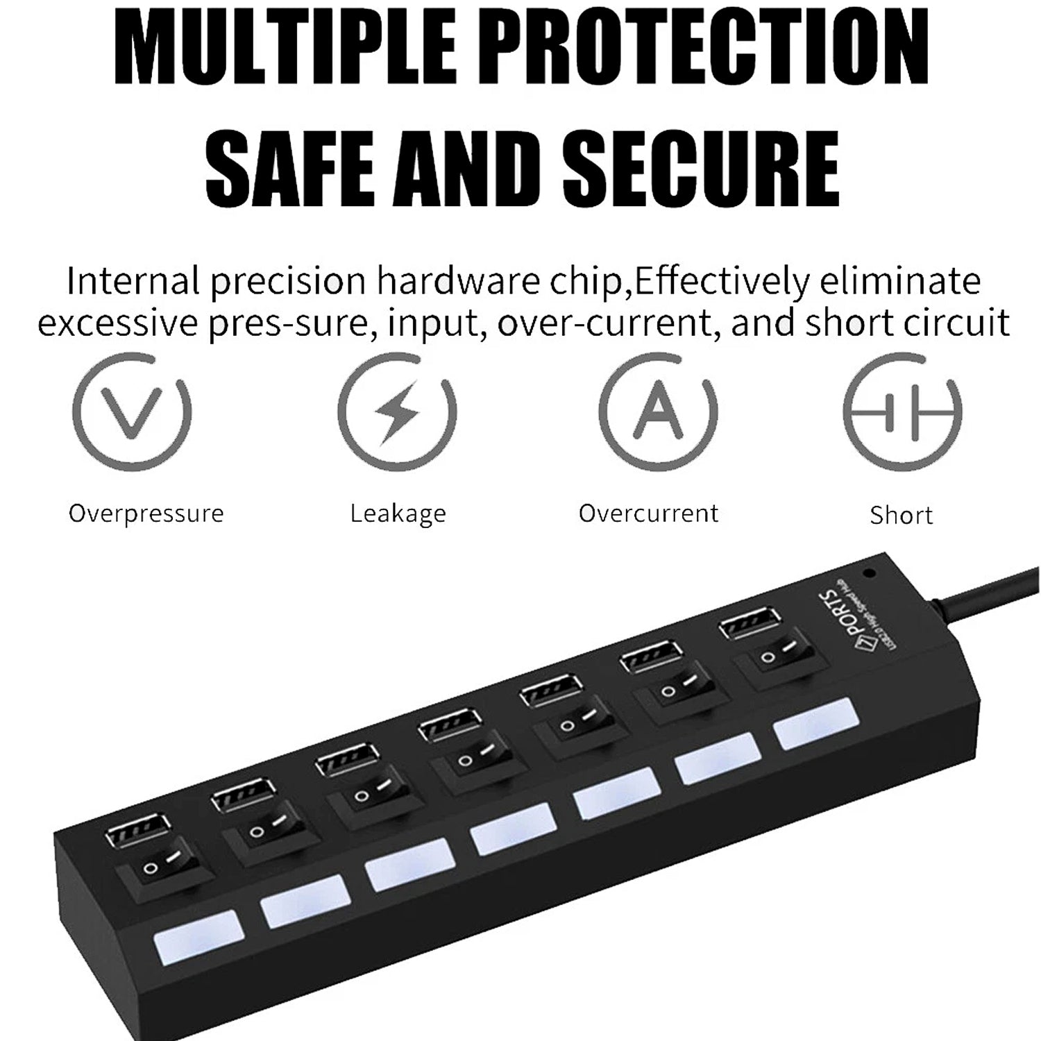 Black 7 Port USB Hub connected to a laptop, expanding peripheral options.