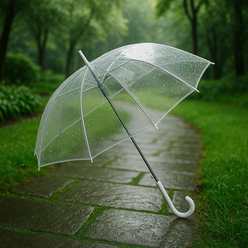 Premium transparent dome umbrella with clear PVC canopy and curved handle