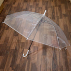 Folded transparent dome umbrella with ergonomic curved handle for easy carrying