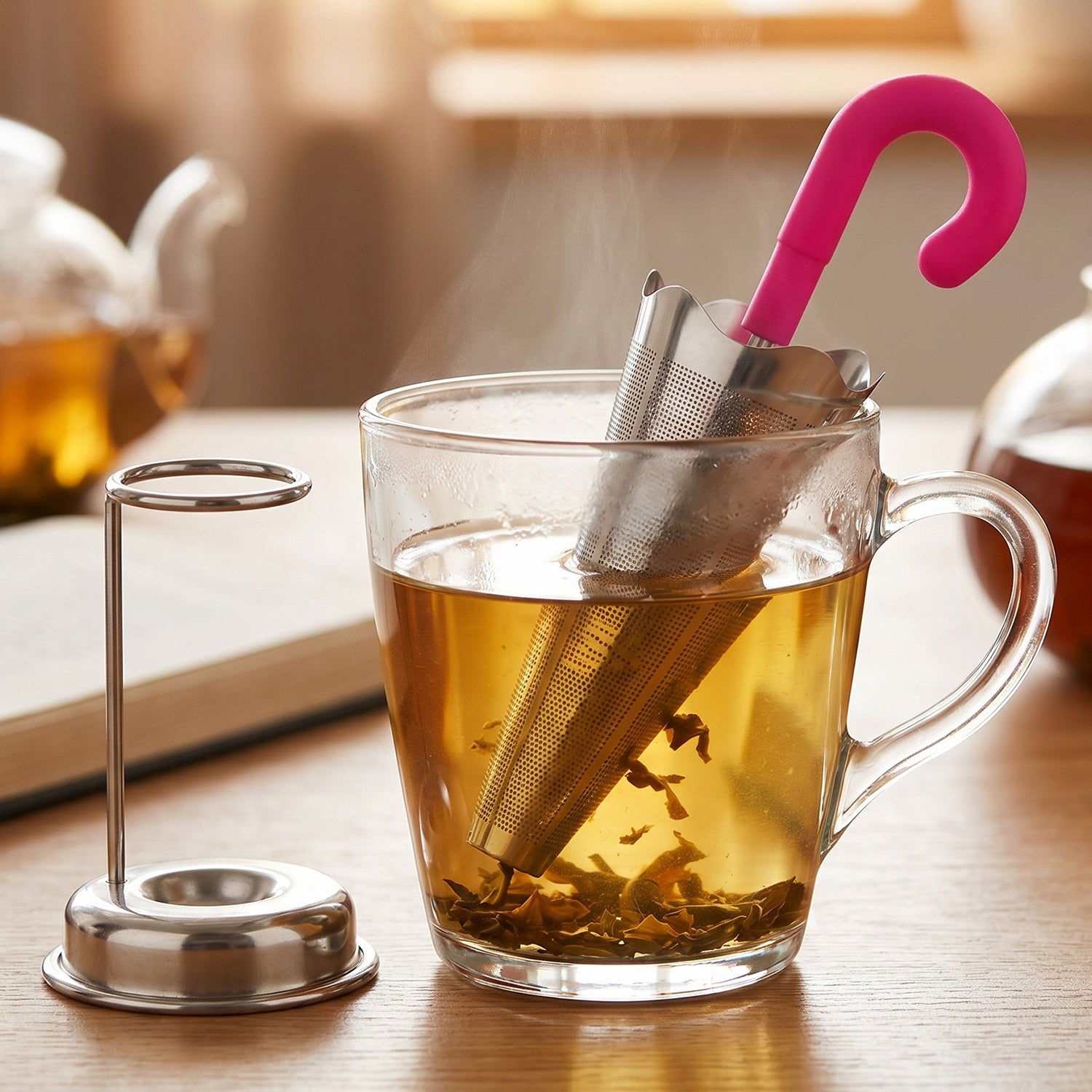 Close-up of the ultra-fine mesh filter on the umbrella-shaped tea strainer, perfect for loose leaf tea.