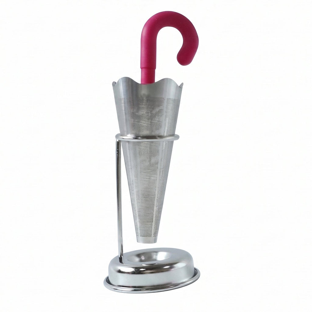 Stainless steel umbrella tea infuser resting securely on its dedicated drip tray stand, preventing spills.