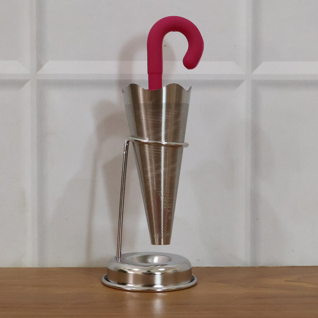 Stainless steel umbrella tea strainer with drip tray stand displayed on a clean white background.