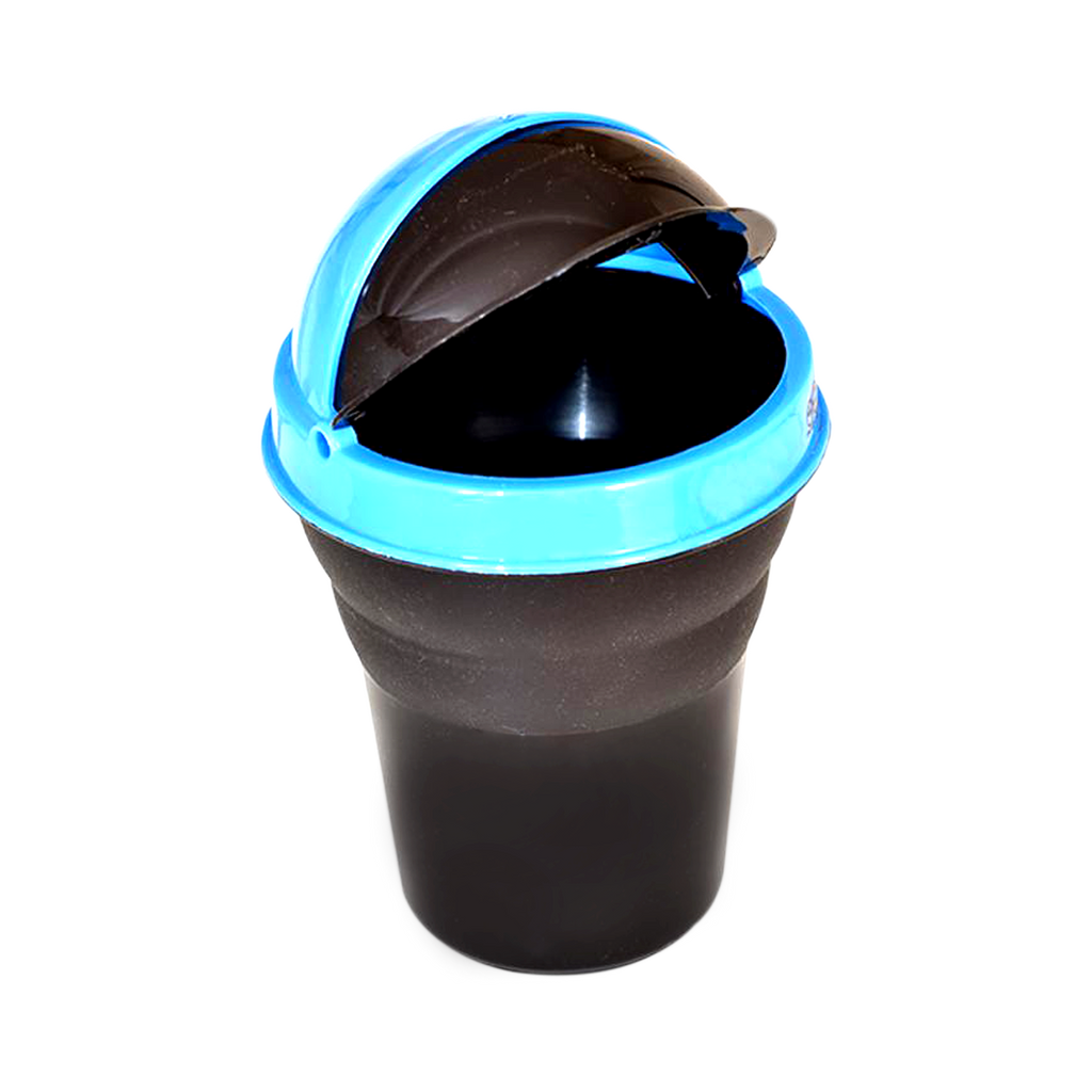 Multicolor plastic car dustbin, illustrating its compact size and practical use.