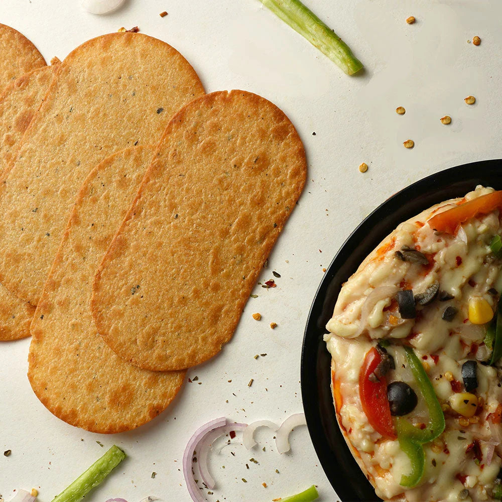Maniarr's Pizza Mini Slim Bites product display highlighting ingredients and health benefits.
