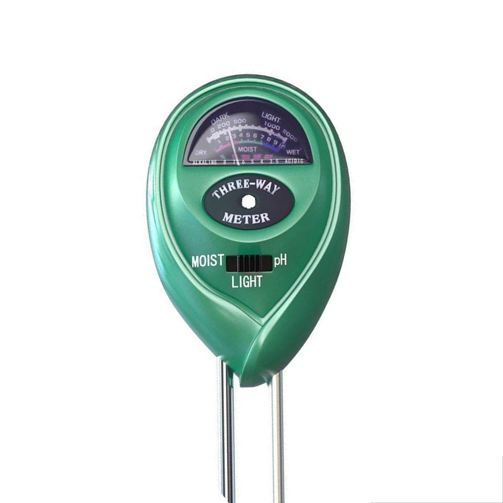 Informative graphic of the soil tester's functions: measuring moisture, pH, and light.