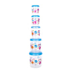 Transparent 5-piece airtight plastic container set displayed with various food items.