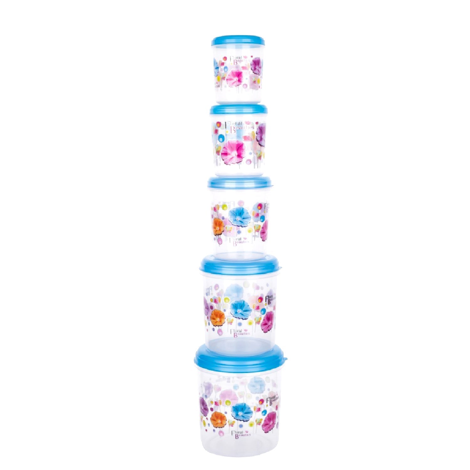 Transparent 5-piece airtight plastic container set displayed with various food items.