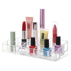 Detailed image of the multi-purpose acrylic lipstick holder, filled with various cosmetic items for display.