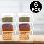 Airtight food storage containers with transparent bodies and colorful lids.