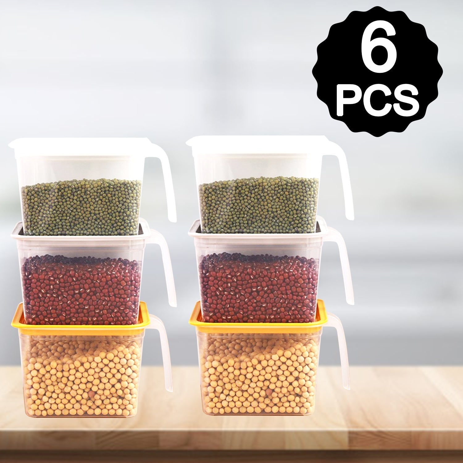Airtight food storage containers with transparent bodies and colorful lids.