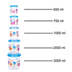 Full set of 5 transparent plastic containers neatly arranged in a modern kitchen.