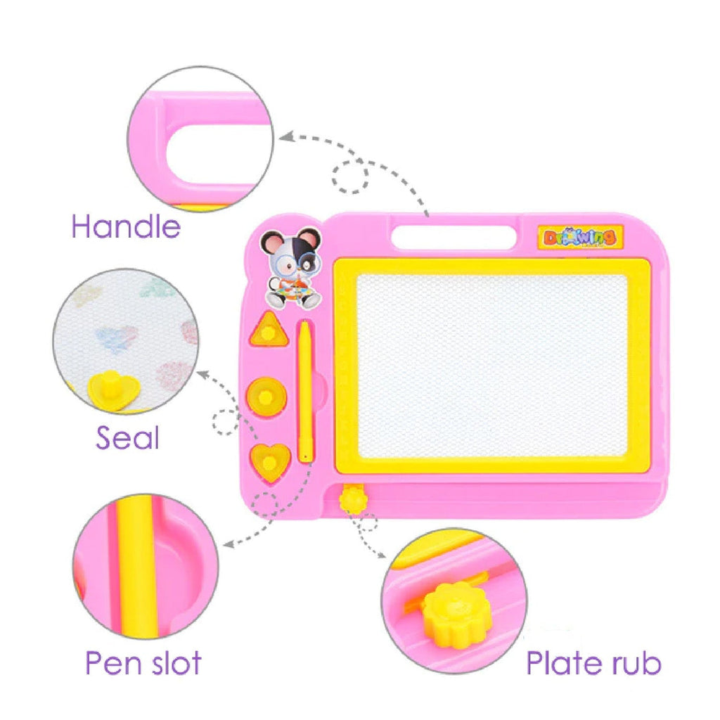Brightly colored Aditi Magnetic Drawing Board with an easy-erase slider and stamps.