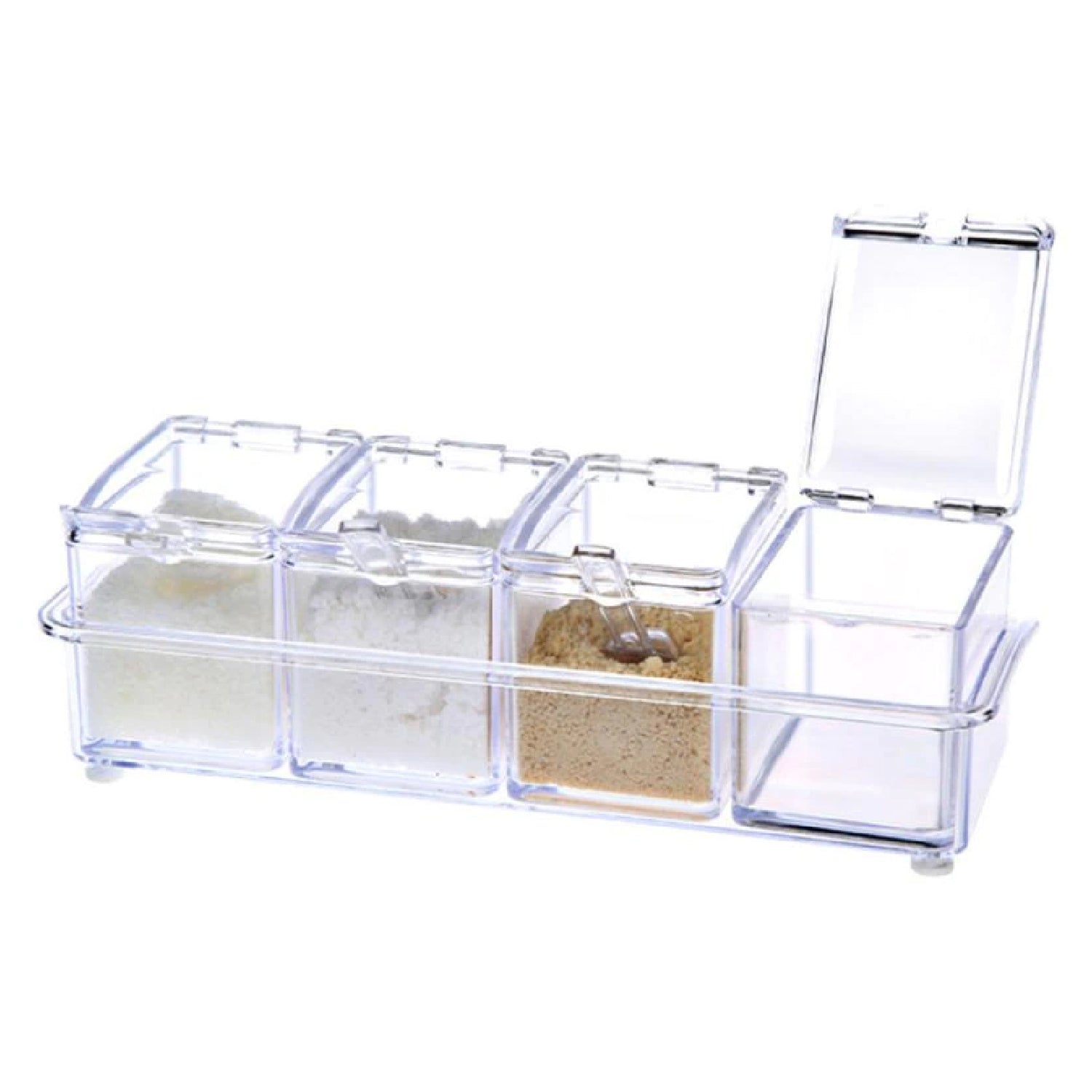 Acrylic spice rack with individual clear lids for each container.