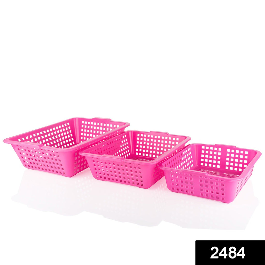 Multiple size plastic fruit baskets, styled to organize fresh produce.