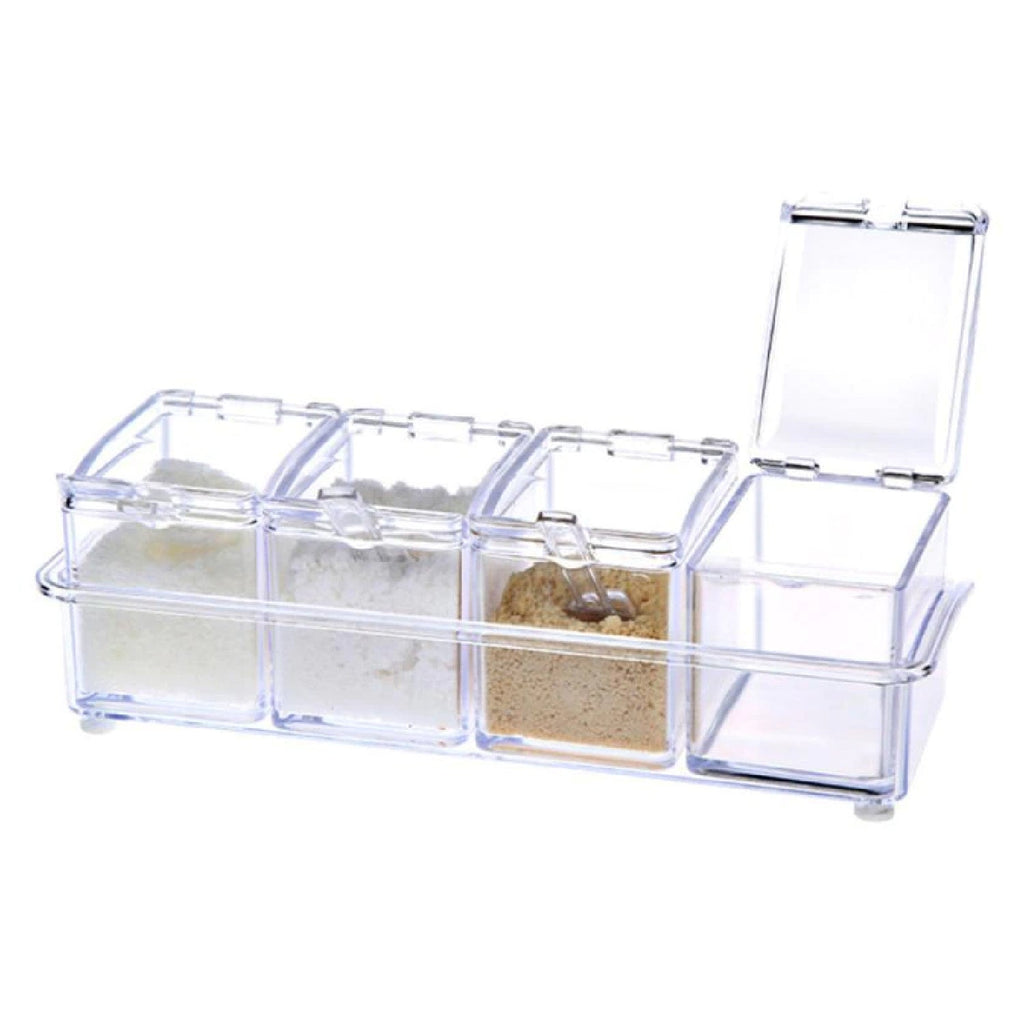 Kitchen counter with a stylish acrylic spice organizer.