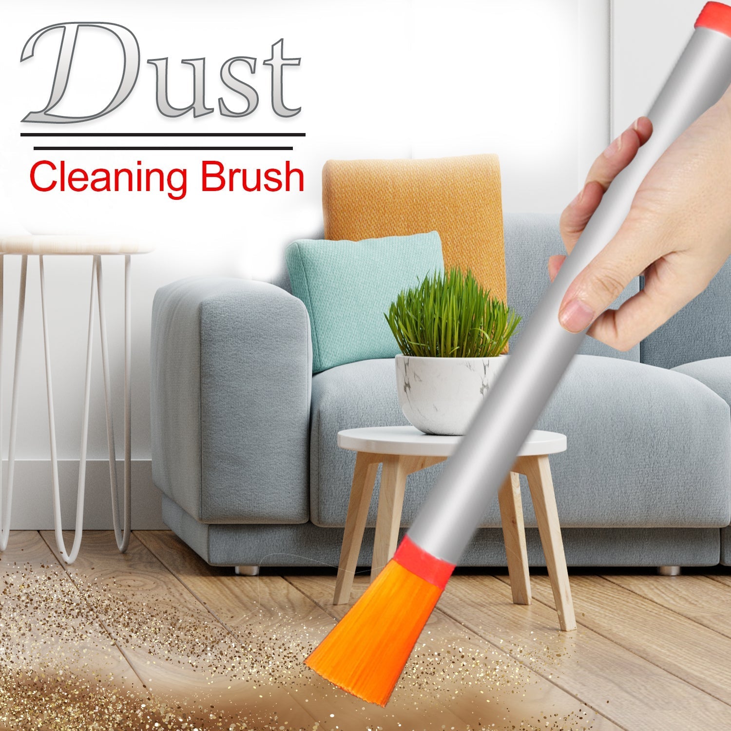 Compact size dust cleaning brush with stainless steel handle for effective cleaning.