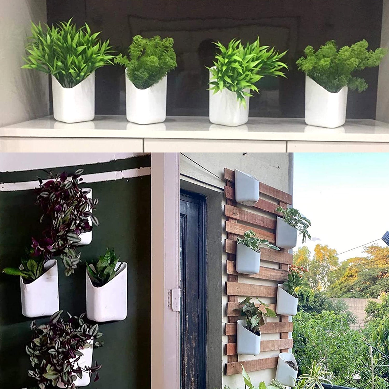 Illustration demonstrating how to arrange multiple hanging planter pots for a vertical display.