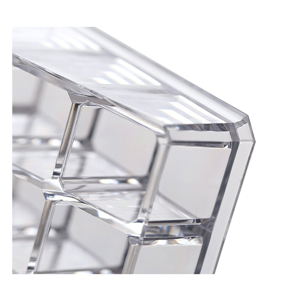 Clear acrylic display stand for cosmetics with 24 compartments, emphasizing its practical use for daily makeup.