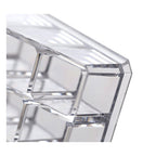 Clear acrylic display stand for cosmetics with 24 compartments, emphasizing its practical use for daily makeup.