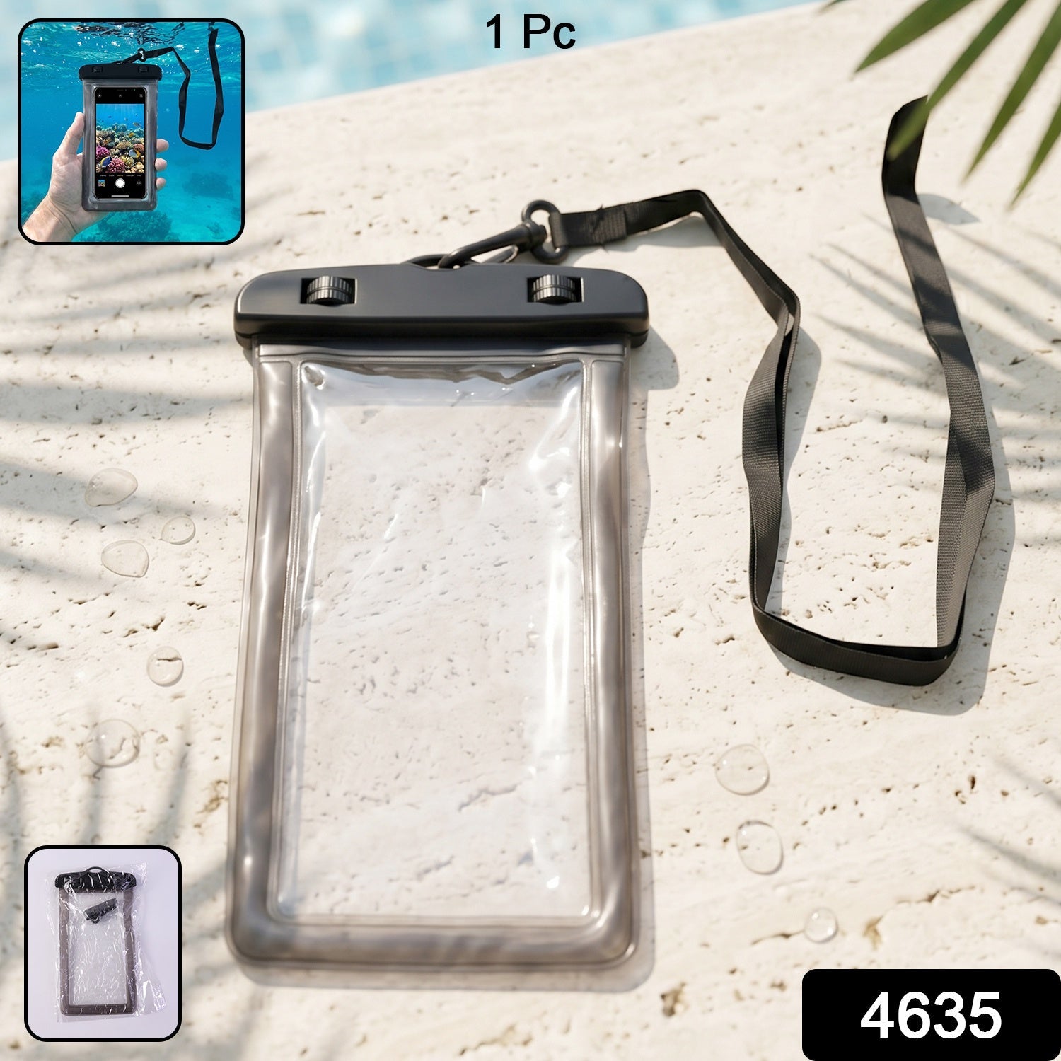 Black waterproof mobile pouch with secure closure and SKU label