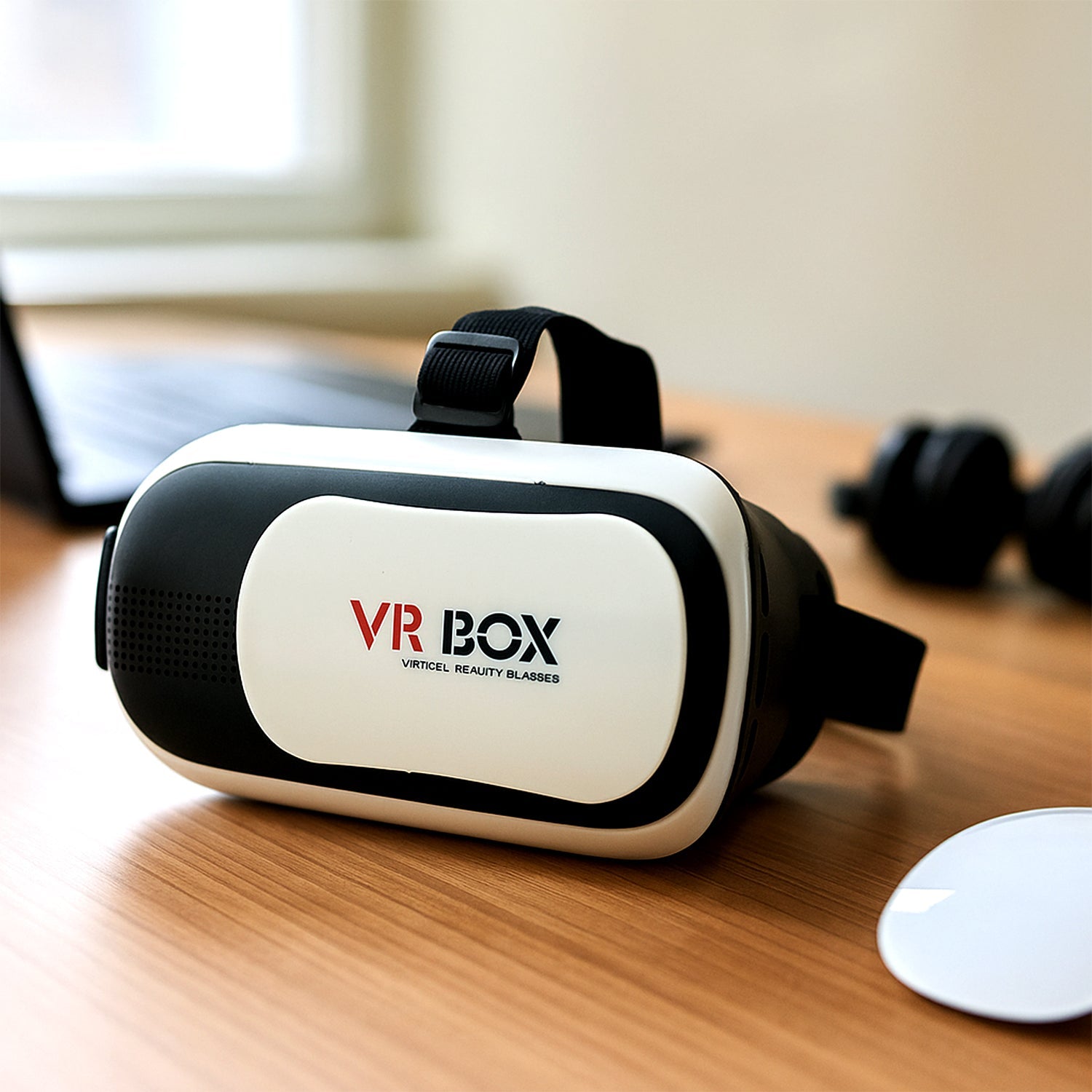 Close-up of adjustable lenses on VR BOX Virtual Reality 3D Glasses Headset for optimal focus