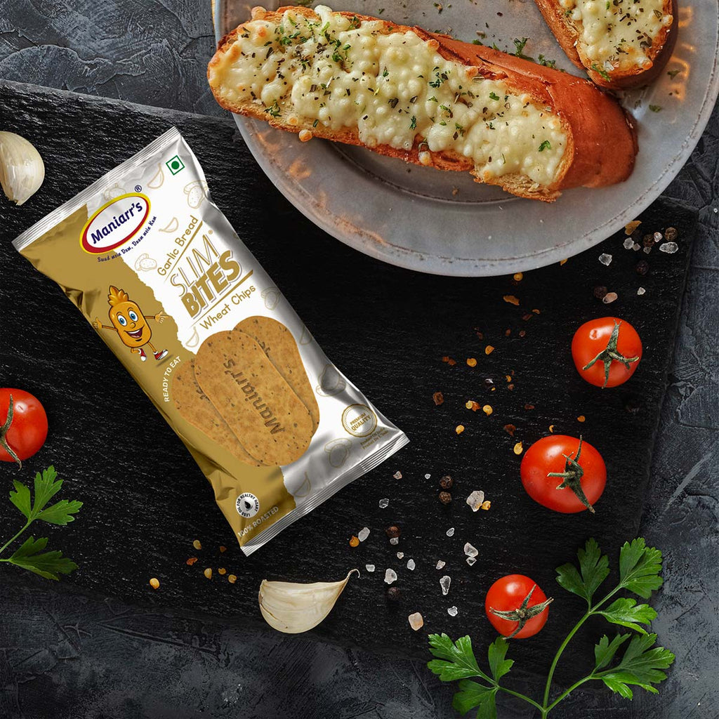Maniarr's Garlic Bread Khakhra wheat chips packet, showcasing the flavour and brand.