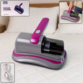 Handheld vacuum cleaner, white and grey, on a clean surface.