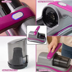 Portable vacuum cleaner on a wooden table, ready for use.