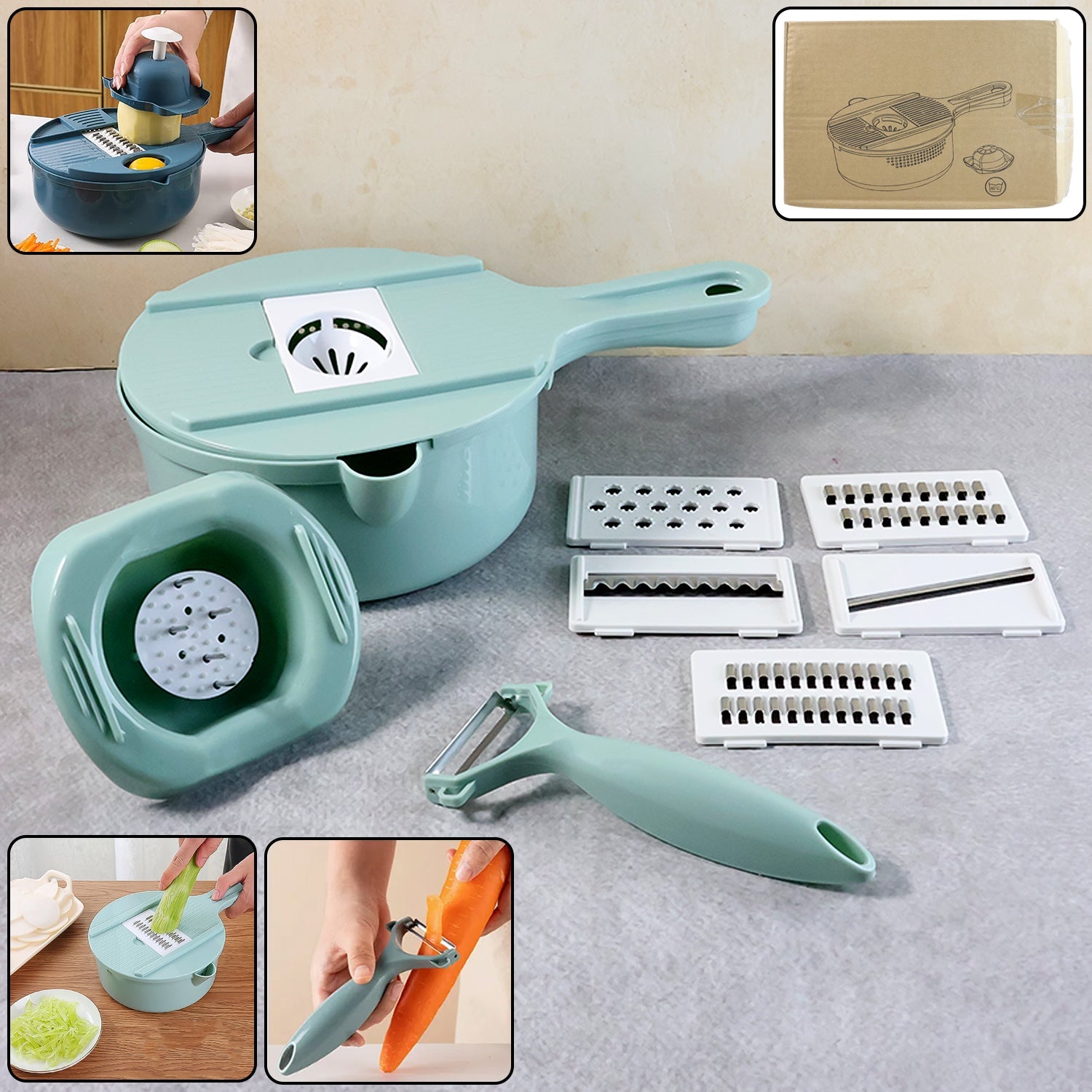 Multi-function vegetable cutter set with built-in strainer and collecting container