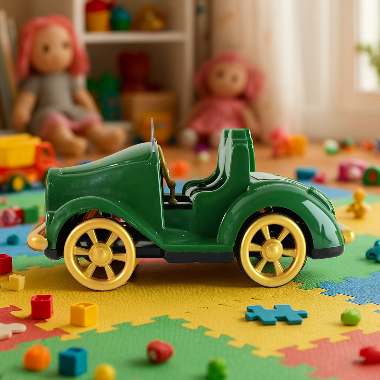 Front view of Funwoods vintage friction car toy with classic design