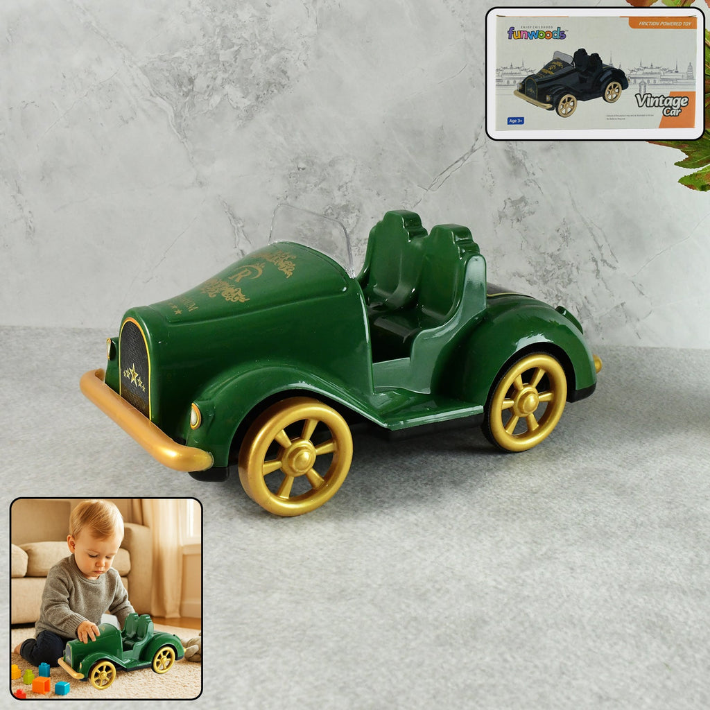 Vintage car toy with friction-powered push-and-go and golden wheels