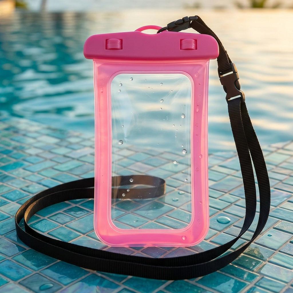 Pink waterproof phone case underwater use, fully sealed