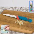 Stainless steel paring knife with anti-slip handle on white background