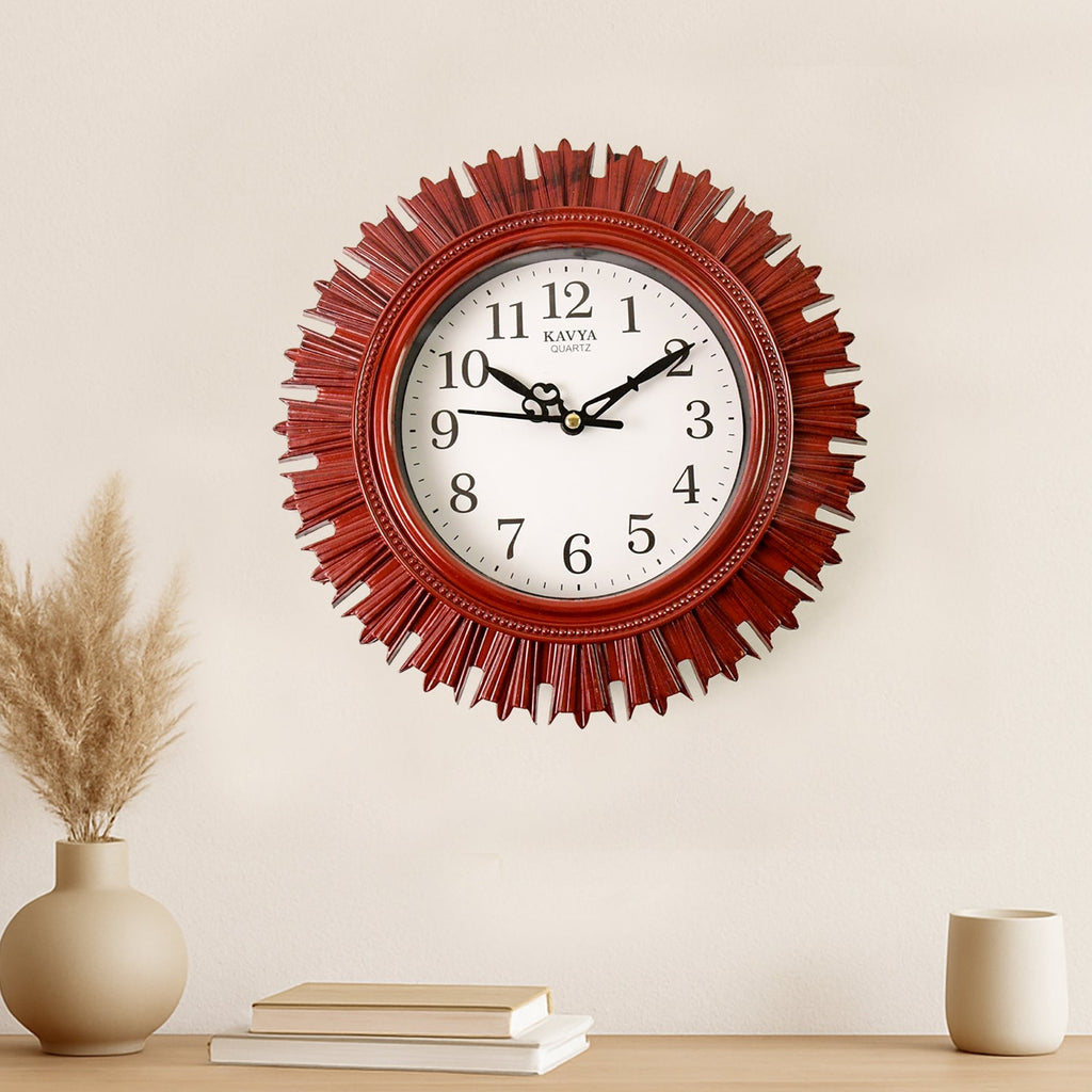 Elegant wooden look wall clock with rose gold accents and a white dial, perfect for living rooms.