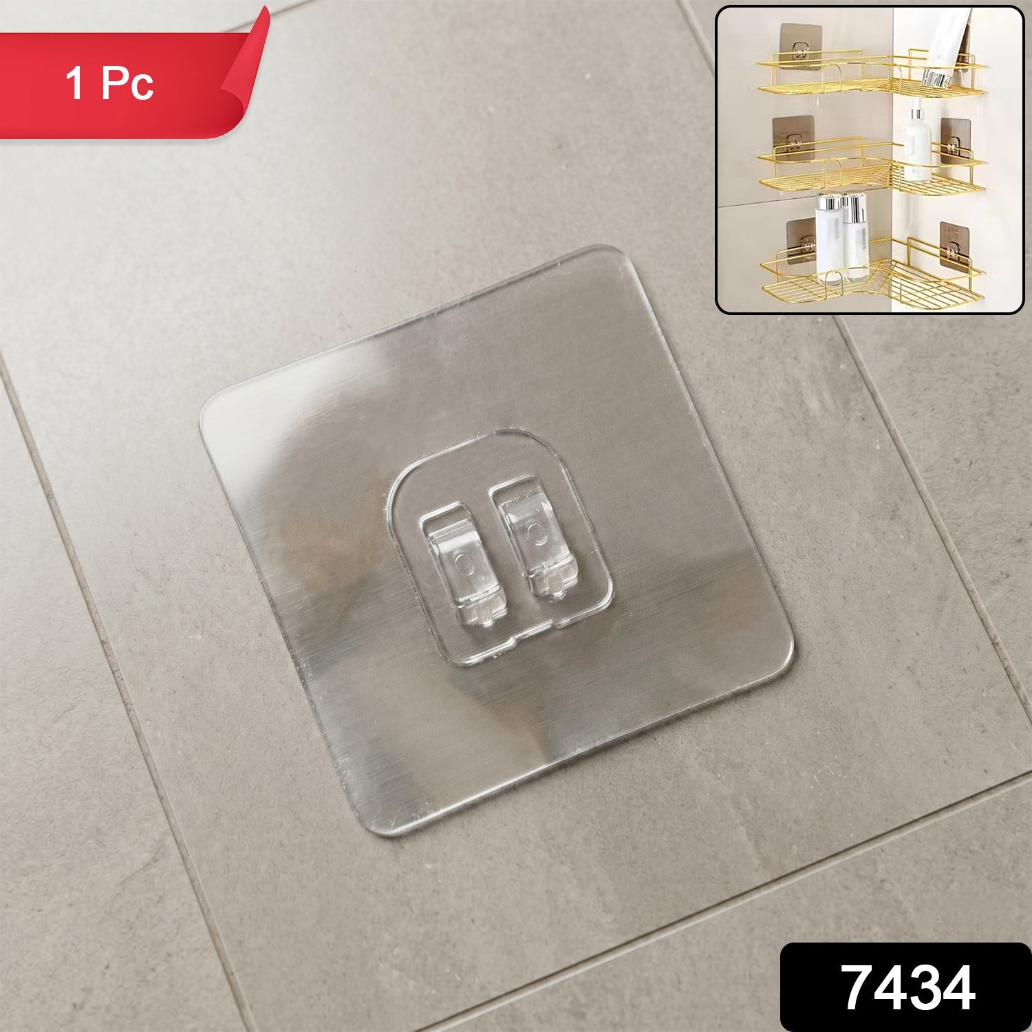 Close-up of the heavy-duty transparent adhesive wall hook showing its strong backing.