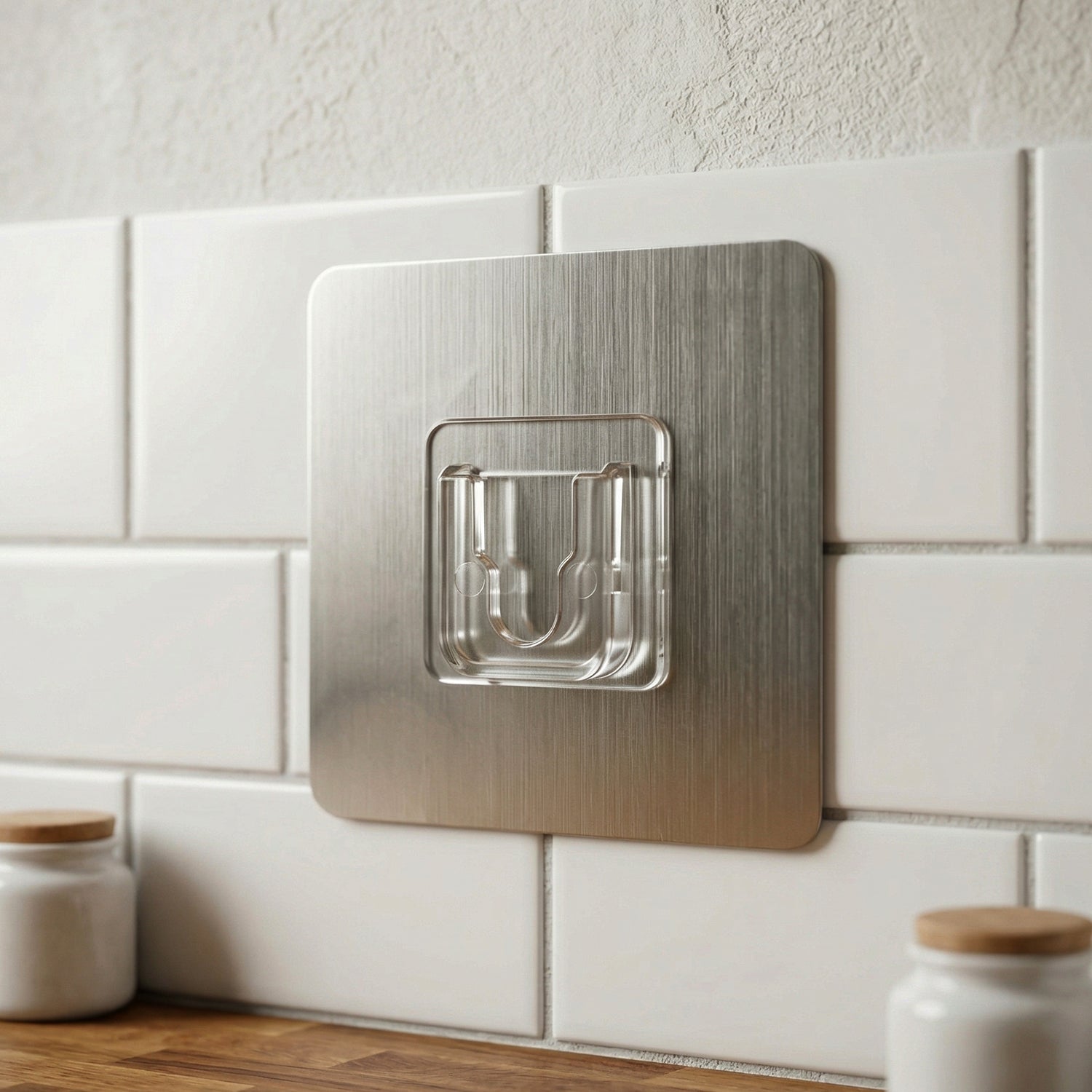 Close-up of plastic self adhesive hook for easy mounting