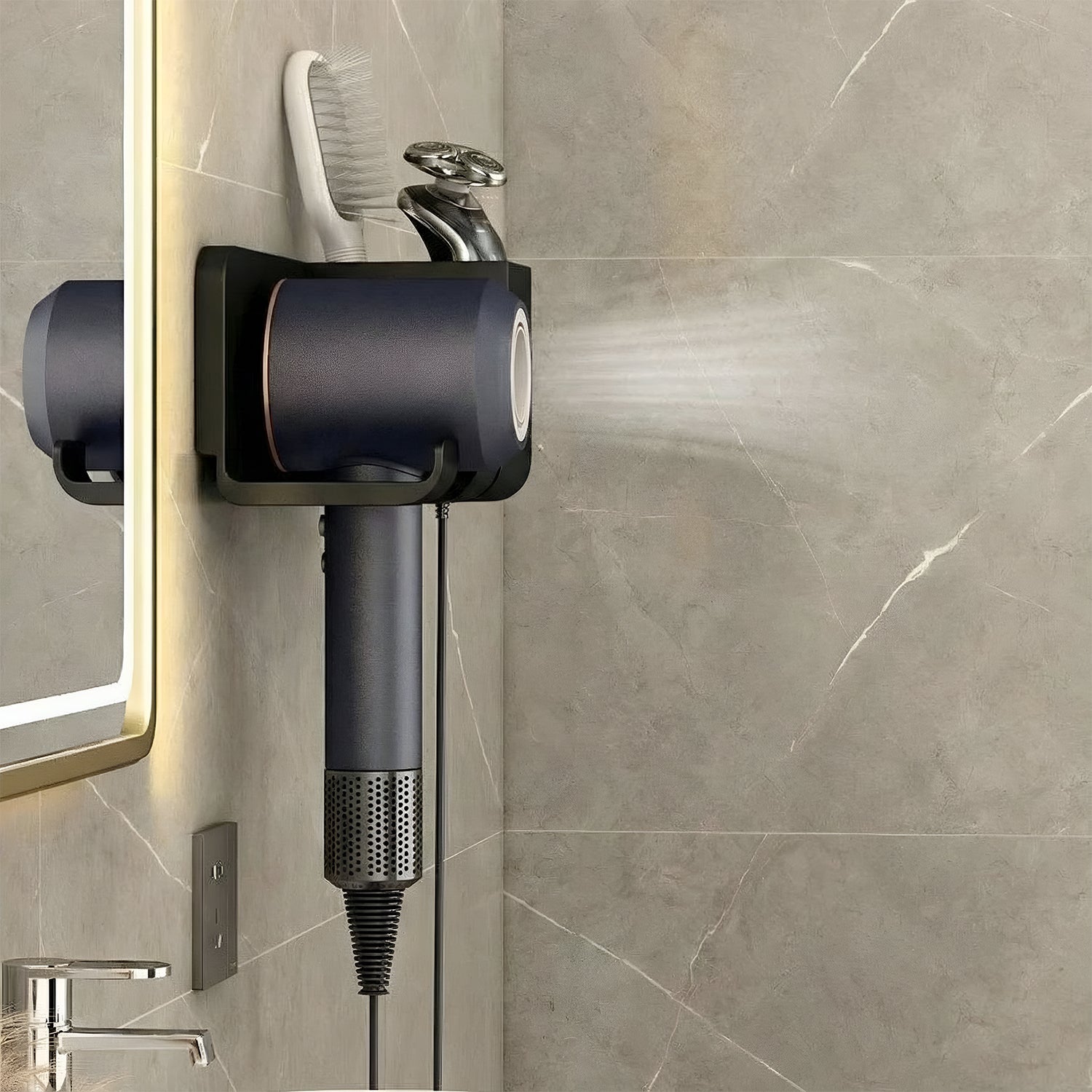 Dryer wall organizer saving space with compartments for styling accessories