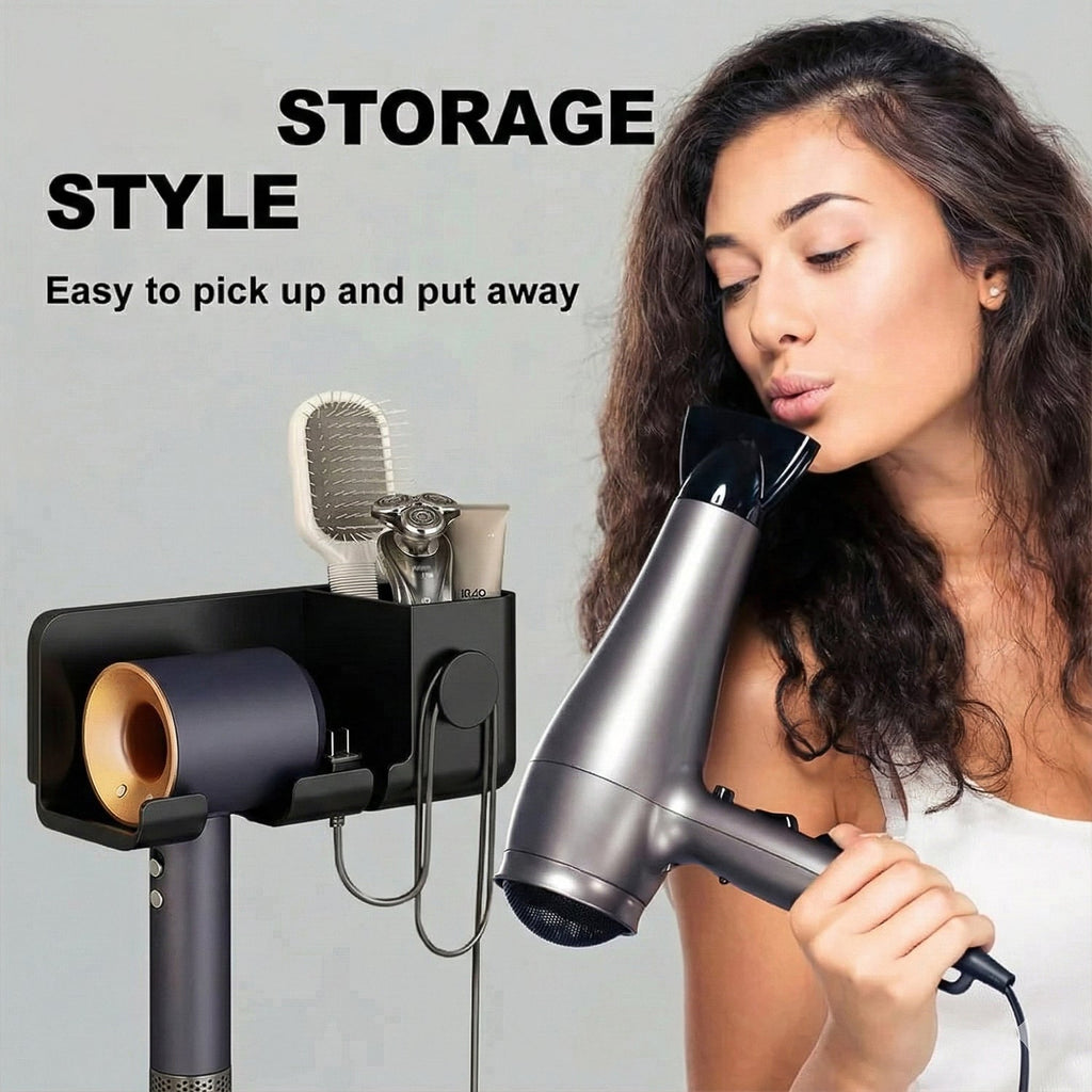 Close-up of hair dryer storage rack mounted on bathroom wall