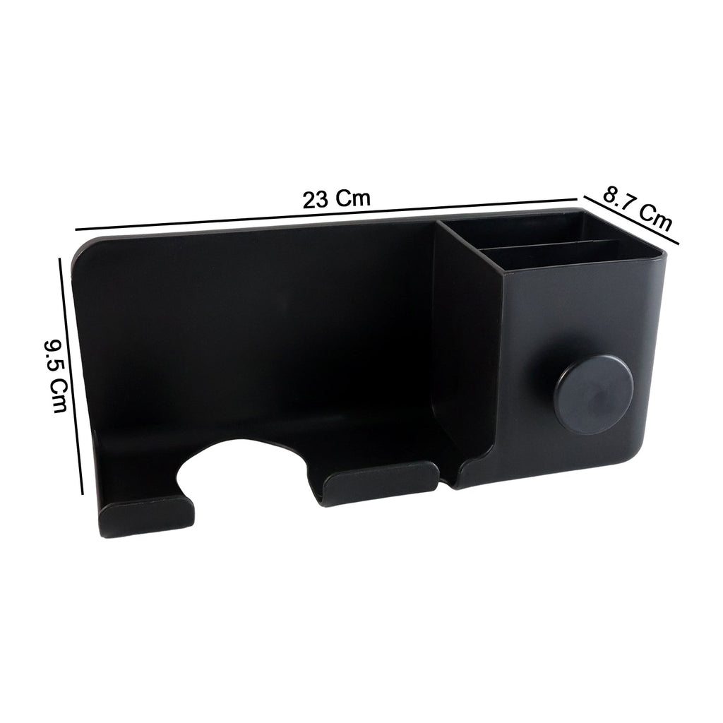 Side view of wall mounted hair dryer holder with multipurpose organizer