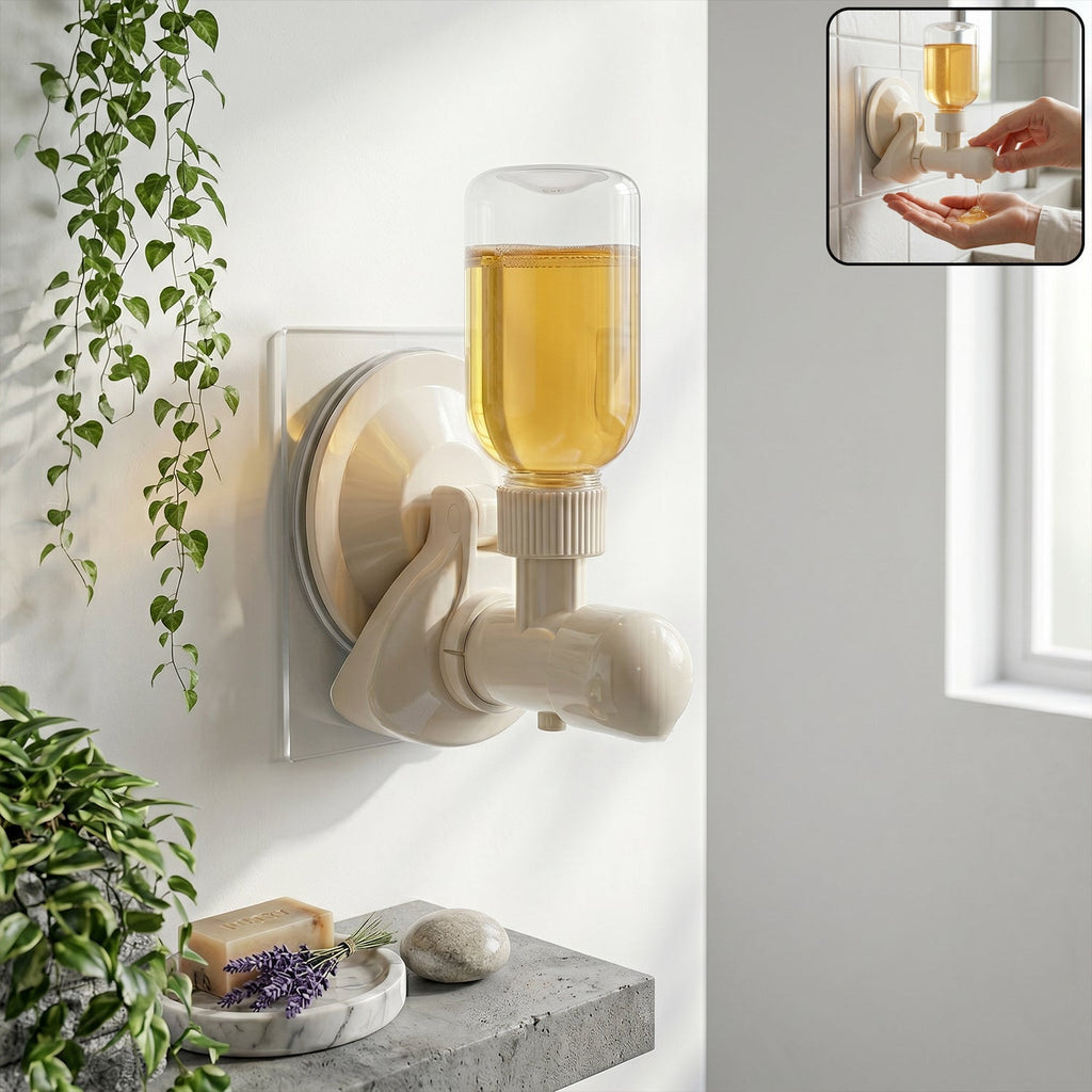 Wall-mount liquid soap dispenser in white plastic with suction cup installed