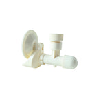 White plastic soap dispenser mounted on bathroom wall with suction cup